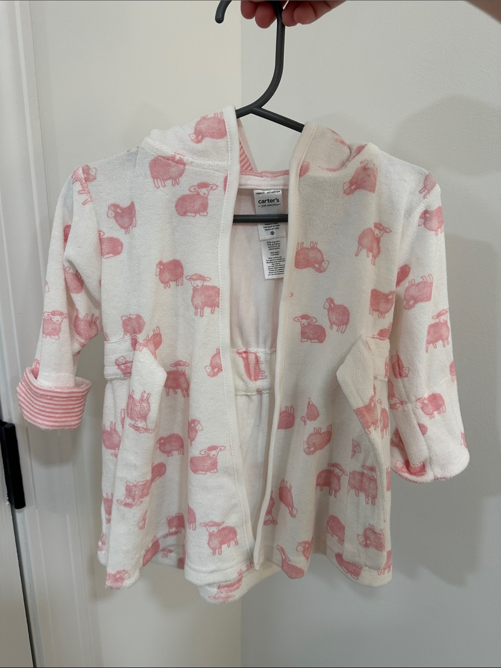 Carter's Cream Hooded Baby Robe with Pink Sheep Print